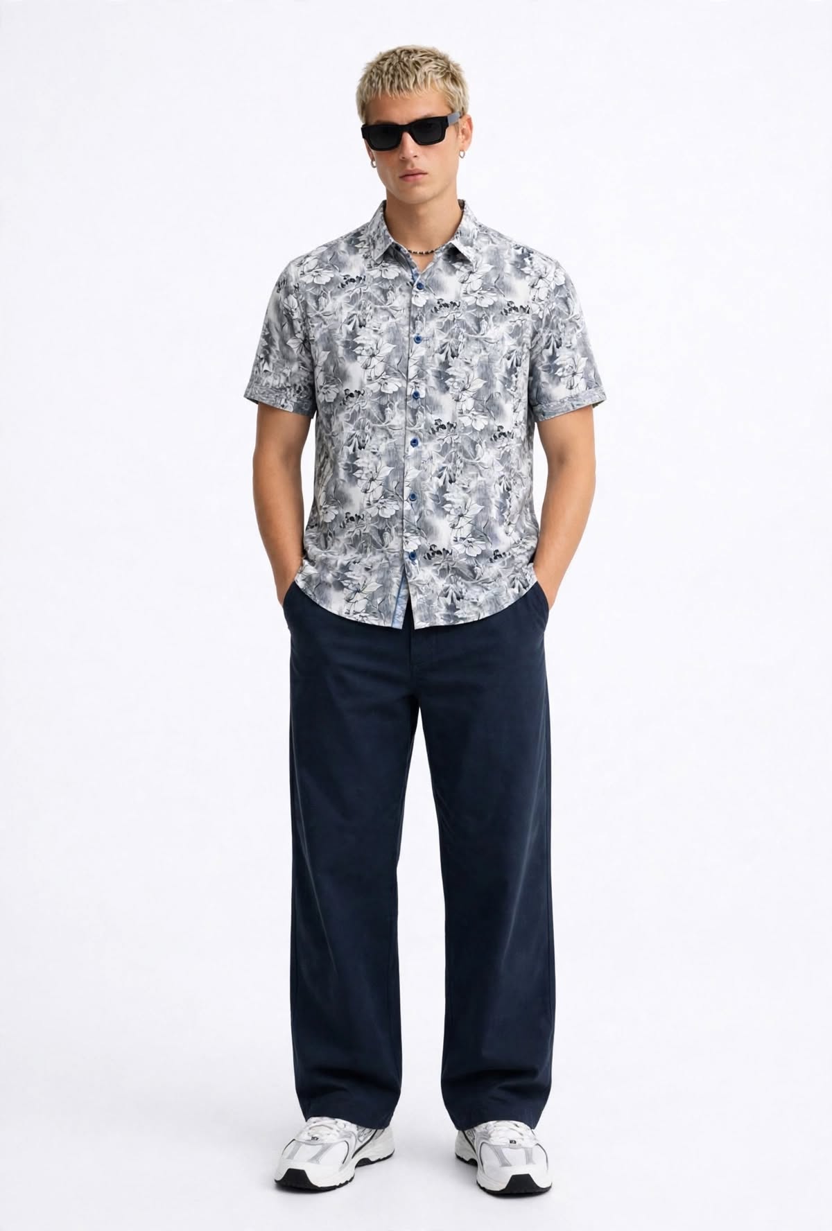 Men's Sky Blue & Navy Tropical Print Shirt | Breathable Summer Cotton (Sizes S-XL) | MH