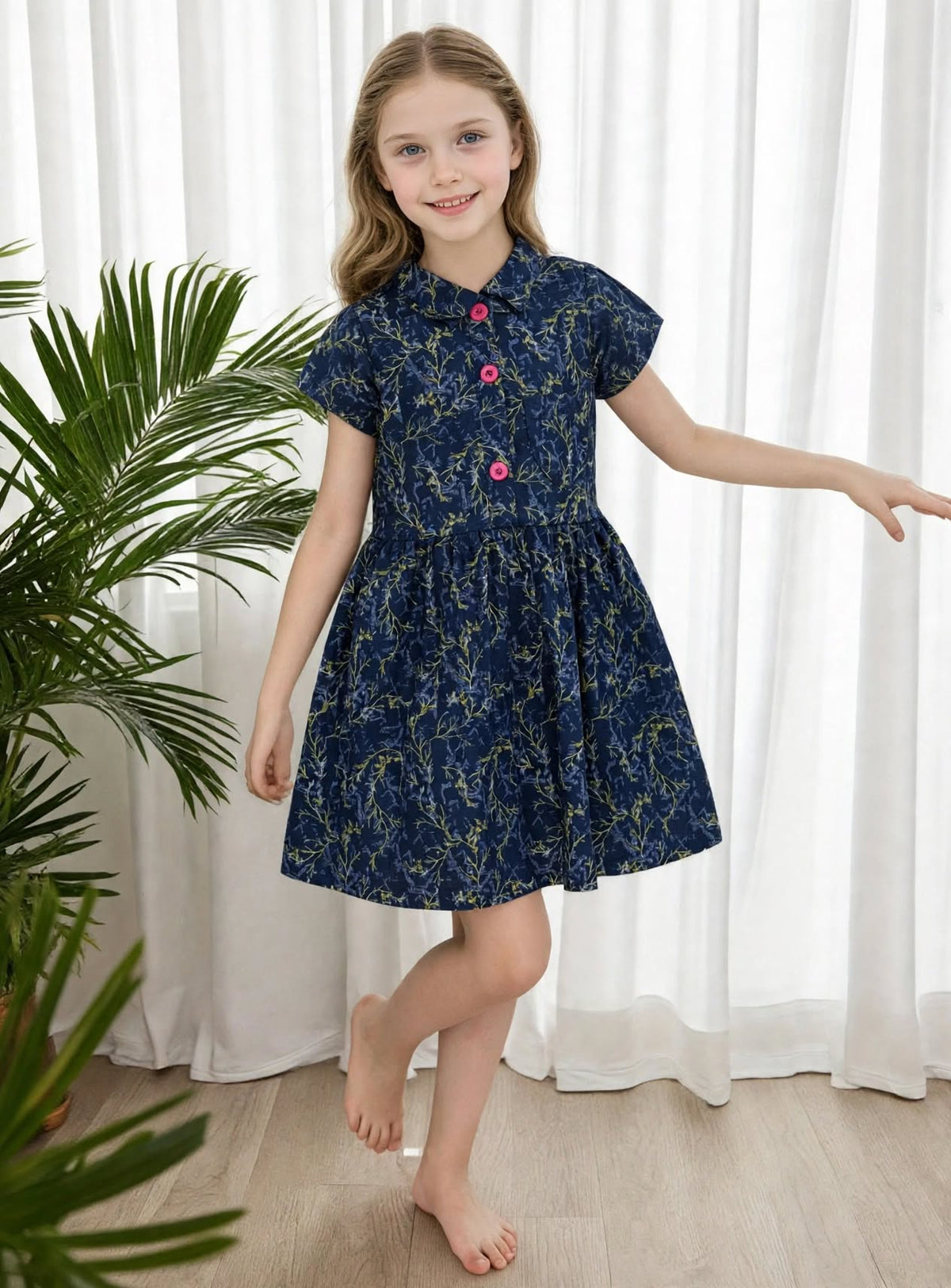 Girls Navy Blue Gold Botanical Print Long Sleeve Dress | Pink Buttons Ruffle Hem Gathered Waist | Ages 2–12 Years | MH