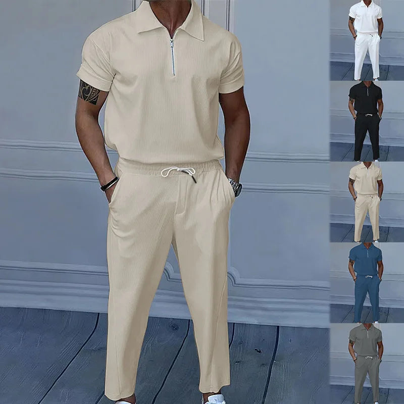 Casual Mens Corduroy Suits Short Sleeve Zipper Polo Shirts And Pants Mens Two Piece Sets Streetwear 2024 Summer Fashion Outfits