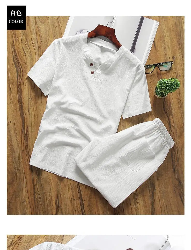 Two Piece Set Men Summer Vintage Simple Casual V Neck Short Sleeve Cotton Linen T Shirt Vacation Solid Loose Beach Shorts Ropa