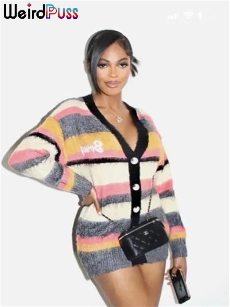 Weird Puss Knitted Colorful Stripe Jacket Women Cardigan .