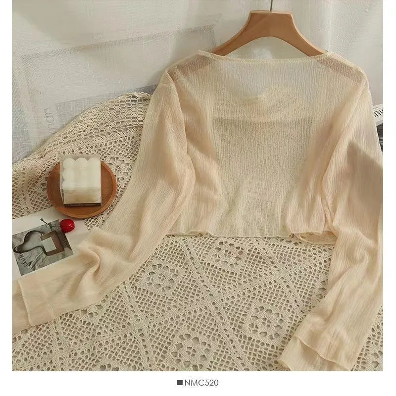 Button Front Crop Women Cardigan Sheer Knit Top Lightweight Bolero .