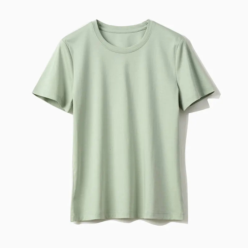 Summer Mercerized Cotton Women Silk T-shirts O Neck Short Sleeve Loose Straight T-shirts Casual Tees For Minimalist 2021