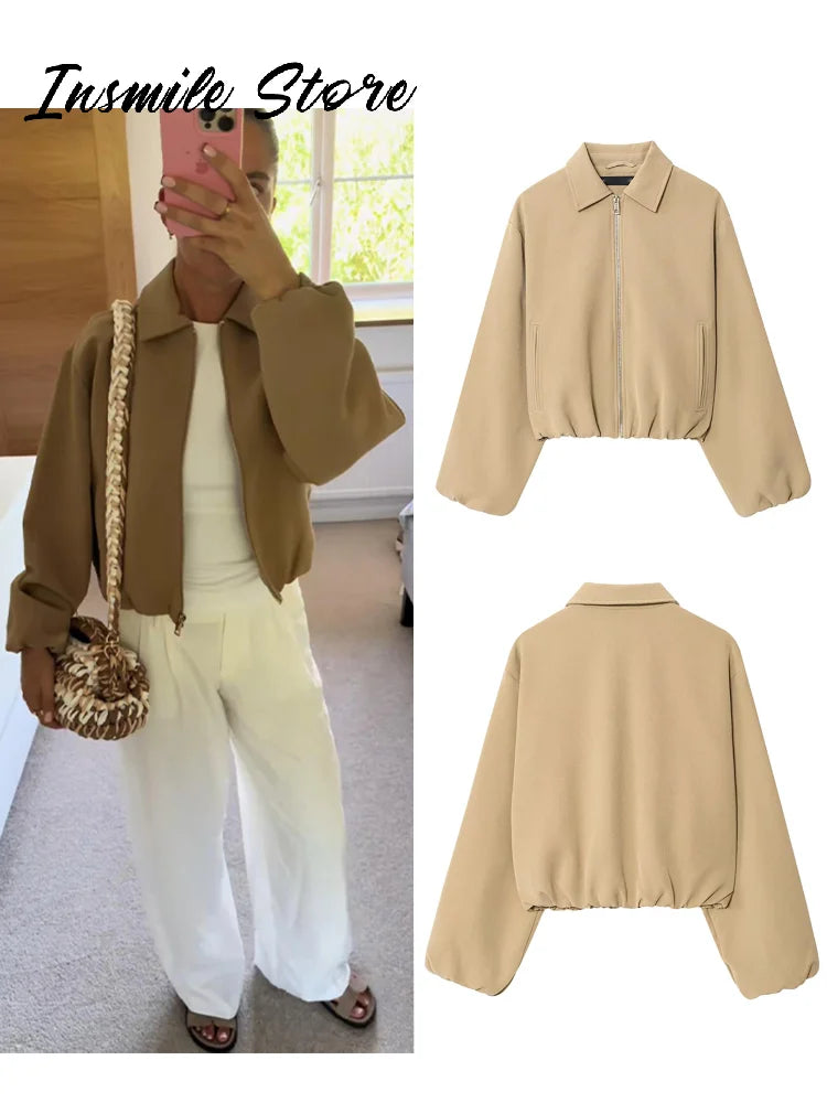 Casual Solid Zipper Lapel Short Jacket Women Long Sleeve .