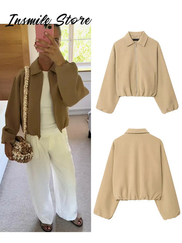 Casual Solid Zipper Lapel Short Jacket Women Long Sleeve .