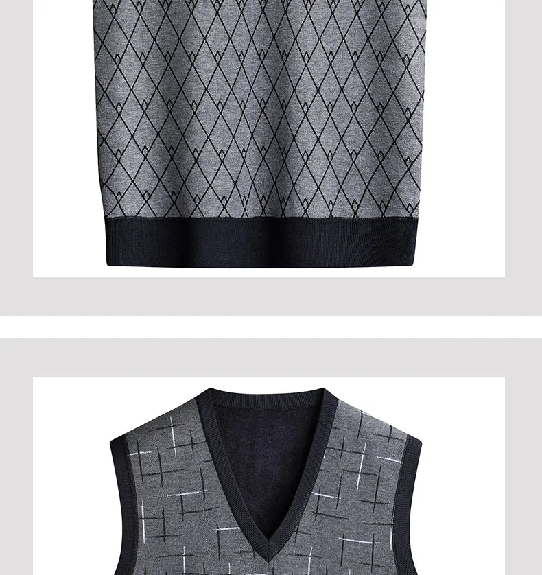 Men‘s V-neck Sweater Vest Autumn Winter Fleece Lining Knit.