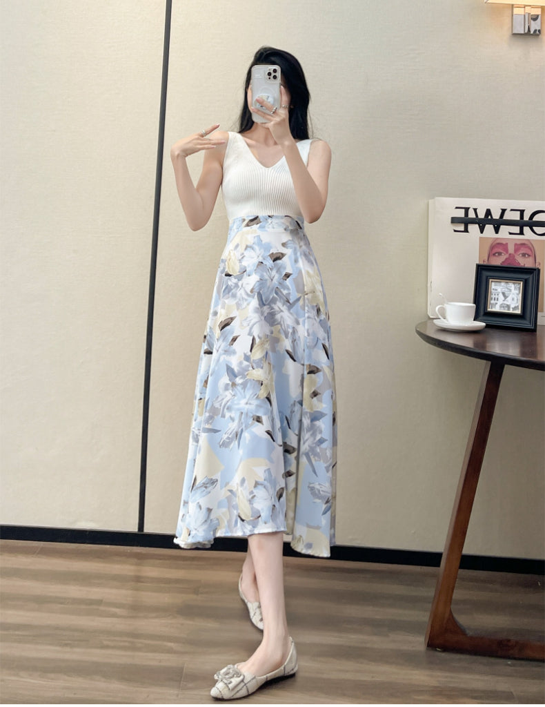 Summer High Waist Women Skirts Casual Floral Printed Chiffon.