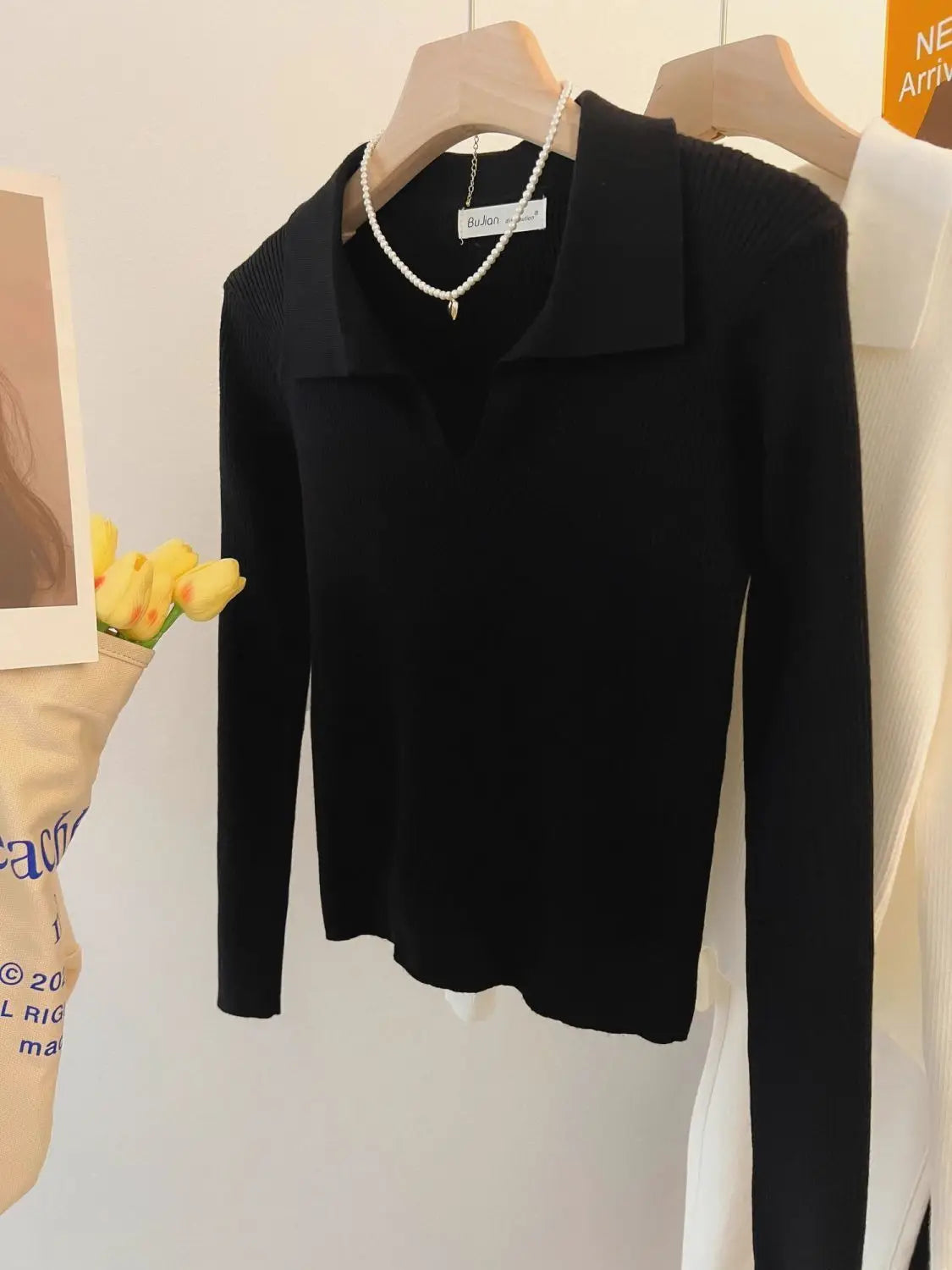 Women Clothing Vintage Fashion Solid Turn-down Collar Pullovers.