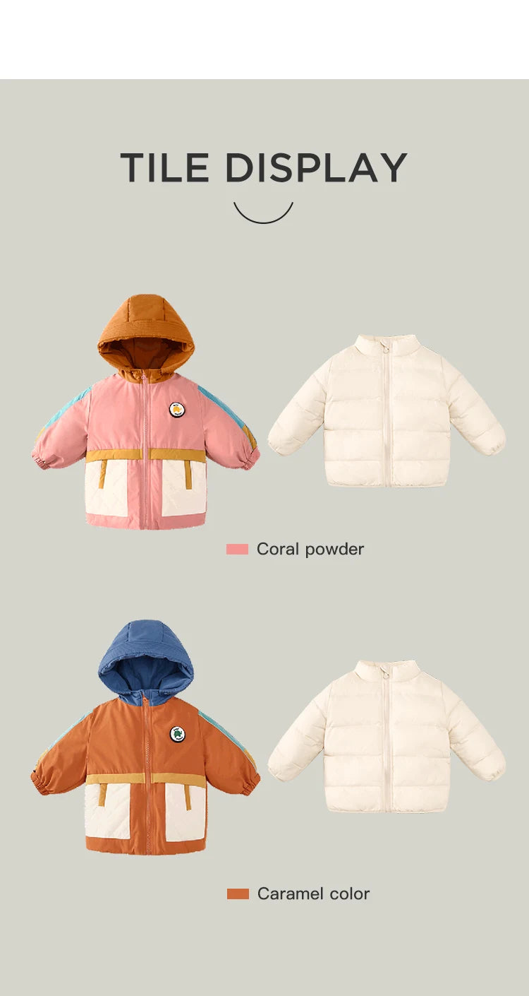 Amila Baby Down Jacket 2024 Winter New Boys Girls Fashion Patchwork Hooded Warm Overcoat Three in One with Pockets Kids Clothing