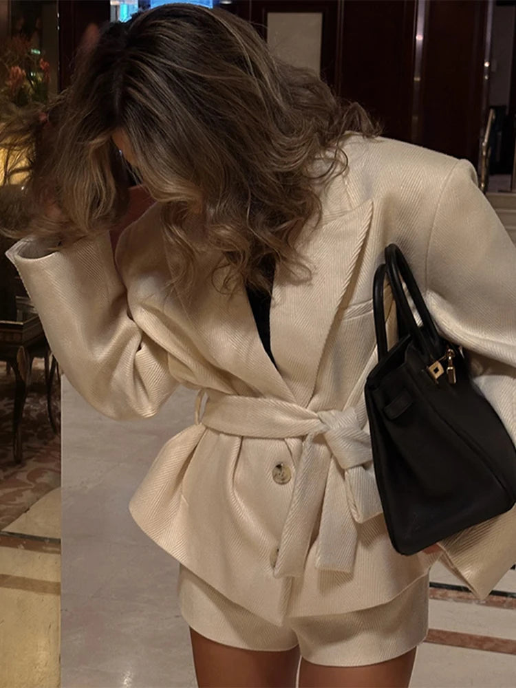 Lace Up Twill Coat Jacket Waist Cinching Suit Collar Two Buttons.