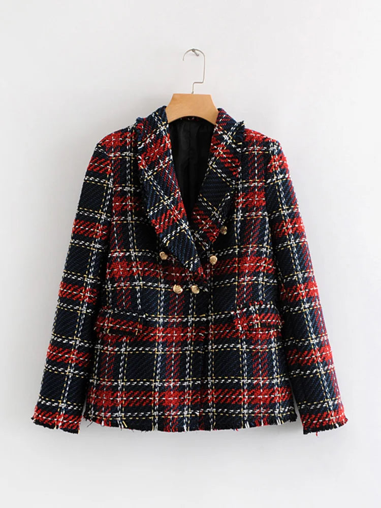 Tweed women red plaid blazers winter fashion women.