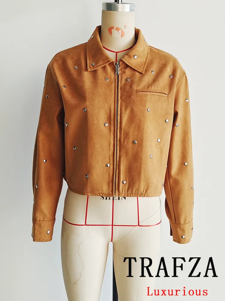 TRAFZA Casual Chic Women Solid Jackets Rivet Long Sleeve .