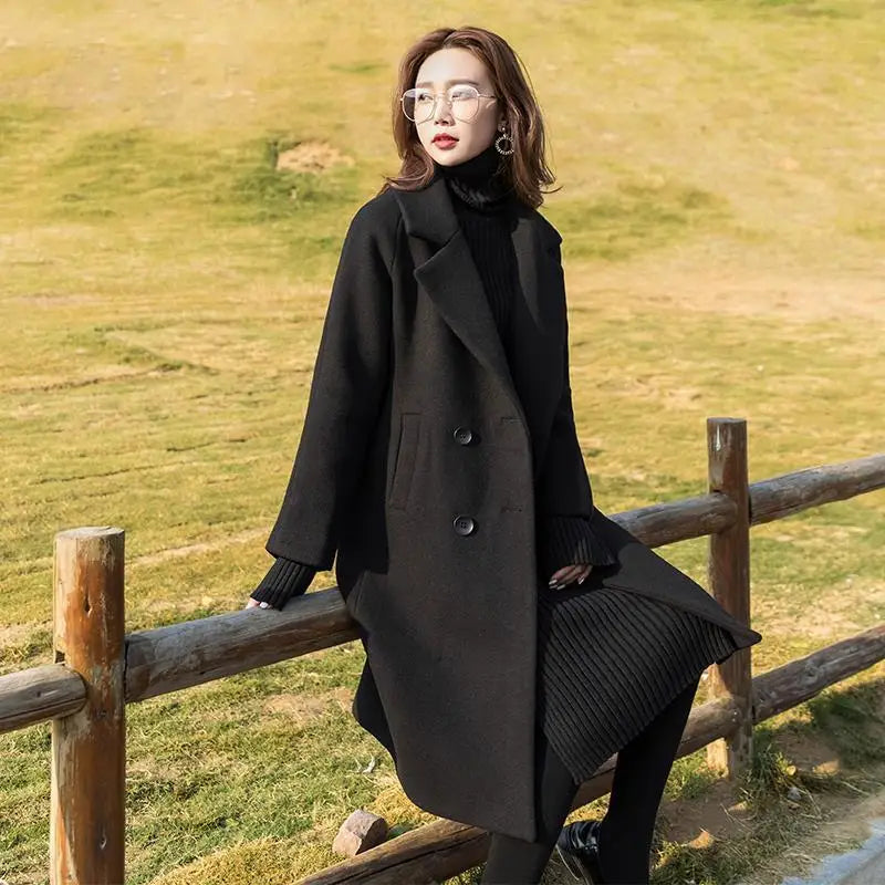 Black Woolen Coat Women's Mid Length New Style .