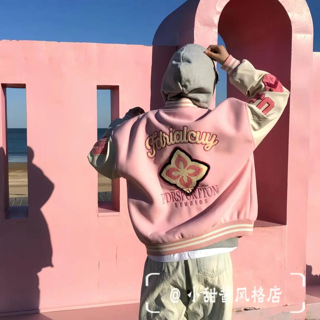 pink baseball uniform for women INS spring sweet girl jacket .