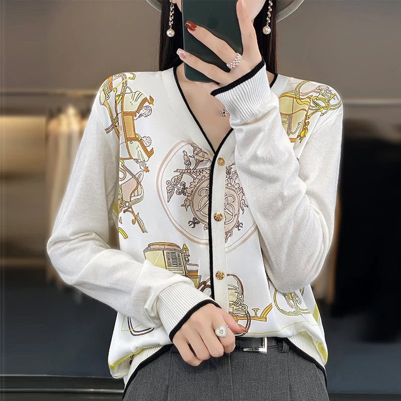 Spring and Autumn New Woven Wool Cardigan Women's V-neck.