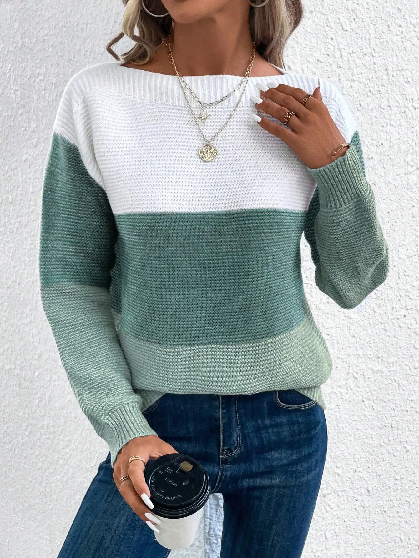 Elegant Three-color Patchwork Sweater Women Daily Commuter Casual .