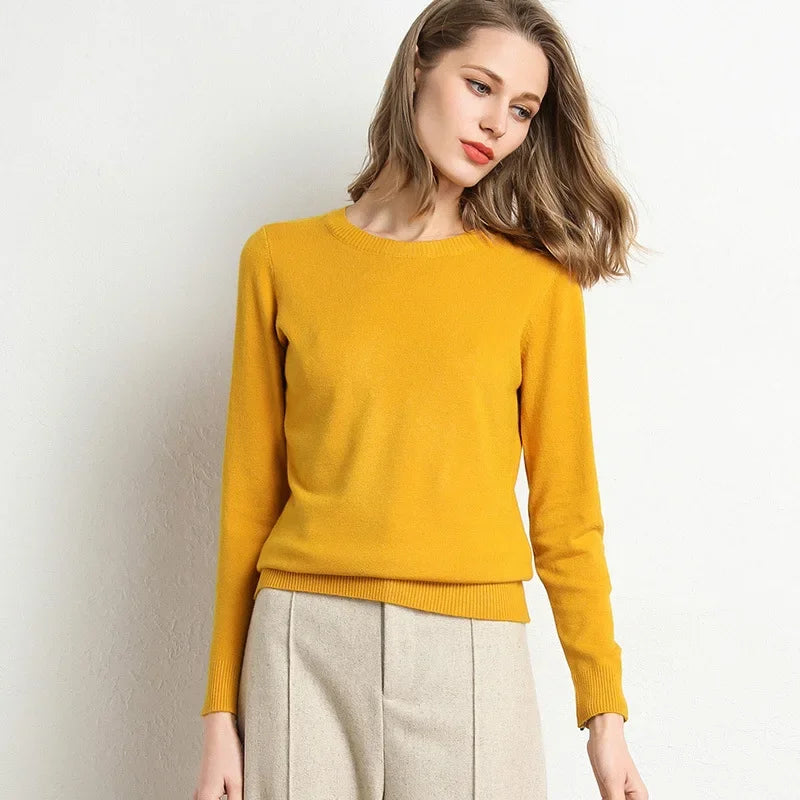 Women Slim O-Neck Pullover Cashmere Wool Blending Sweater.