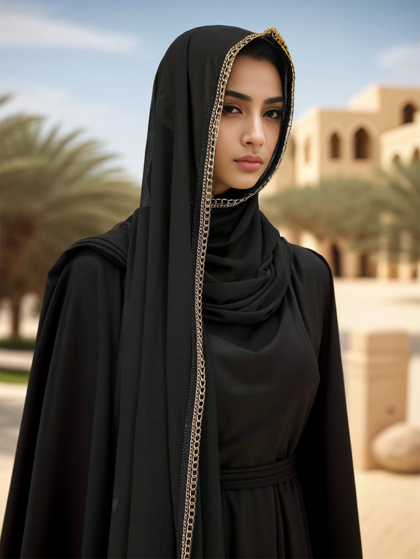 Bubble Chiffon Hijab Shawls With Chain Luxury Diamond Jewelry.