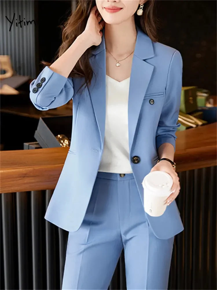 Office Lady Single Button Blazer Chic High Waisted Pants 2 Piece Set.