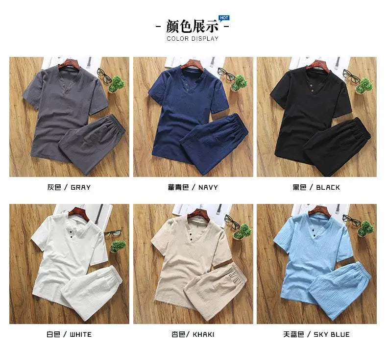 Two Piece Set Men Summer Vintage Simple Casual V Neck Short Sleeve Cotton Linen T Shirt Vacation Solid Loose Beach Shorts Ropa