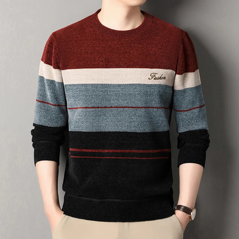 Mens Fashion Striped Sweater Round Neck Pullover Fleece.