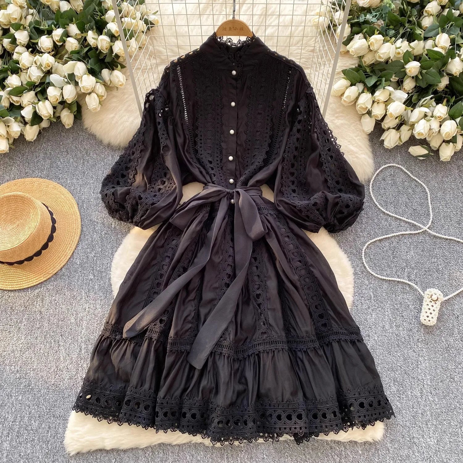 Spring Summer Embroidery Lace Stitching Hollow Out Midi Dress Women's Stand Collar Single Breasted Belt Loose Party Vestidos