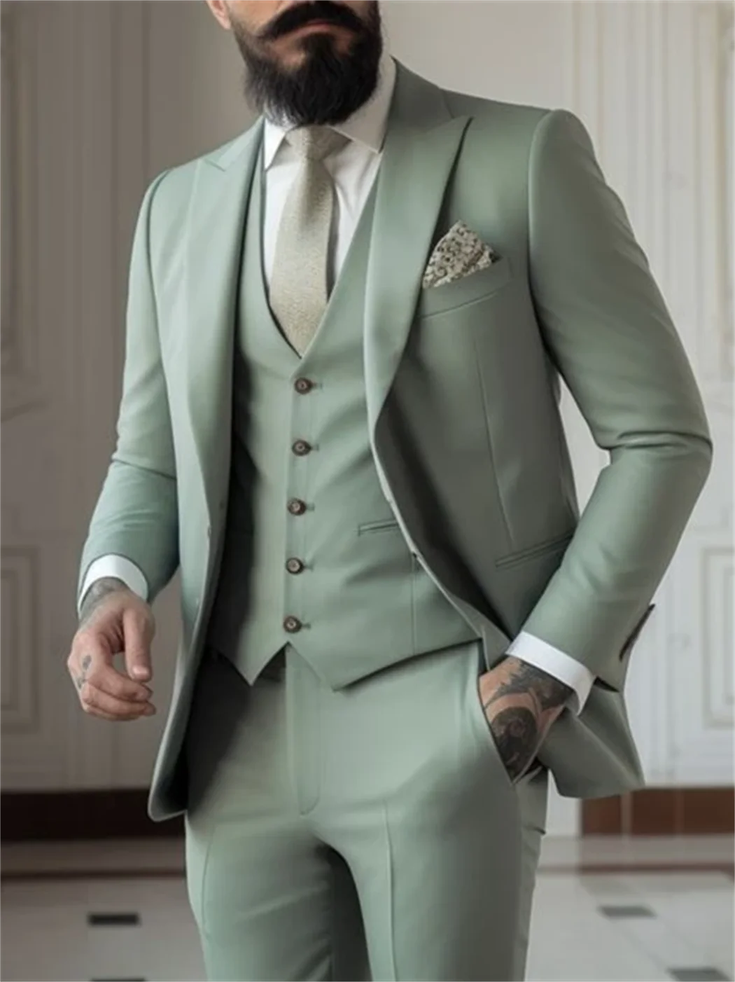 3 Piece Sage Green Men's Slim Fit Suits (Jacket+Vest+Pant) Wedding Groom .