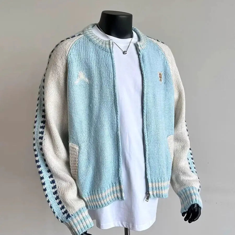 Design Knitted Wool Color-blocked Zipper Jacket Men's Winter .