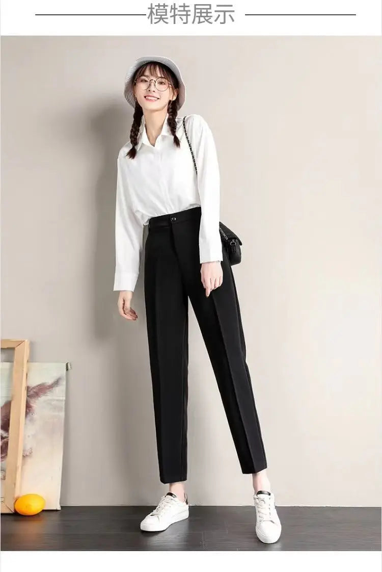 Fashion Office Pocket Black Loose Ankle-Length Pants Women New High Waist Korean Zipper Button All-match Lady Straight Trousers
