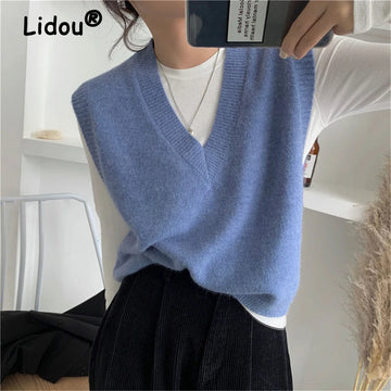 Sleeveless Knitted Sweater Vests Women Casual Solid Loose Outerwear .