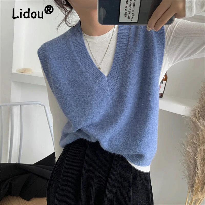 Sleeveless Knitted Sweater Vests Women Casual Solid Loose Outerwear .