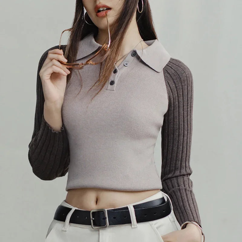 Maden Casual Spliced Knitted Sweater Button Slim Fit Bottoming Versatile Sweater .