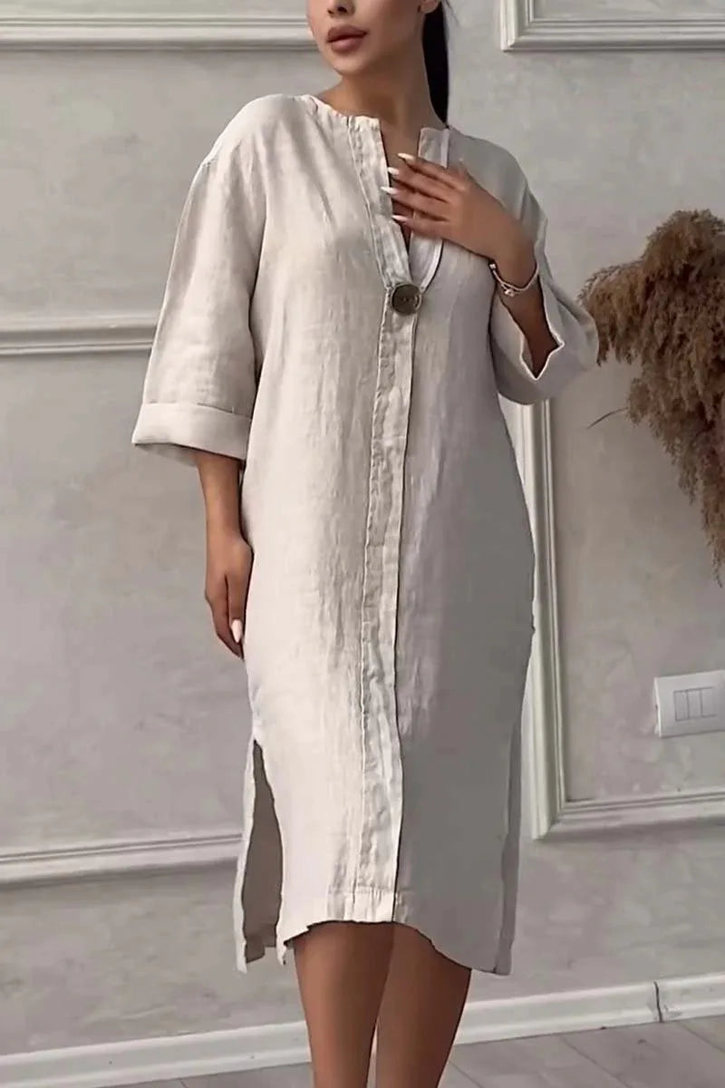 Elegant O-neck Long-sleeved Button Dress For Women ./ MH