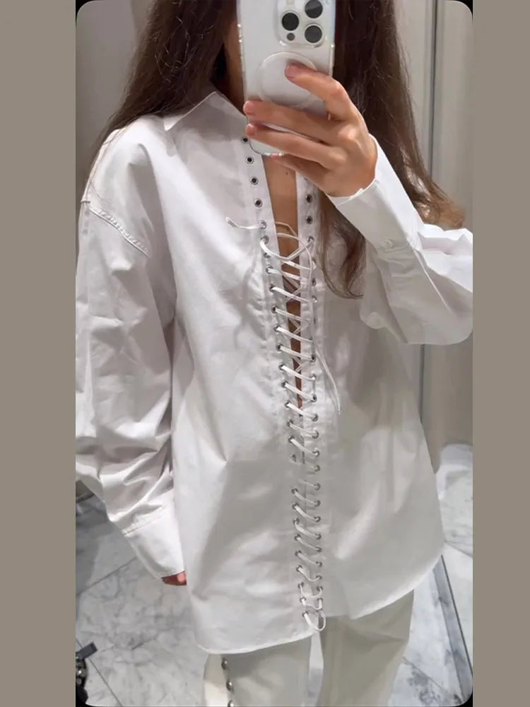 Solid Drawstring Bandage Women's White Shirts Elegant .