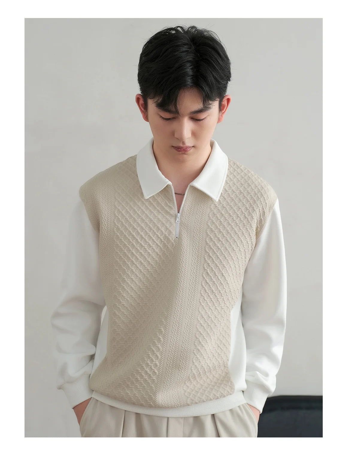 Trend Fashion Men Polo Shirts Spring Autumn New Lapel Half Zipper Fake Two Pieces Contrast Color Korean Casual Long Sleeve Tops