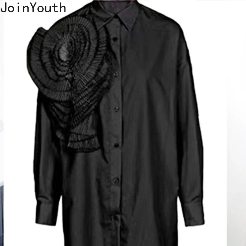 2025 Camisas De Mujer Blouse for Women Elegant Floral Shirts Oversized Tops Long Sleeve Fashion Pleated White Casual Blouses