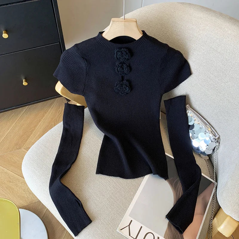 Women's Clothing Fashion Floral Solid Knitted Sweaters Spring Summer Elegant Slim O-neck Long Sleeve Tops