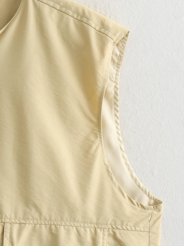 Women Yellow Pocket Irregular Big Size Casual Vest New V-collar.