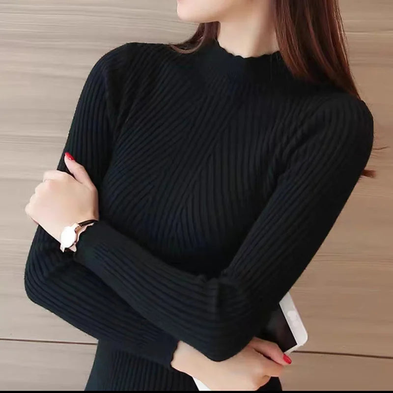 Autumn Women Mock Neck Ruffles Sweater Long Sleeve.