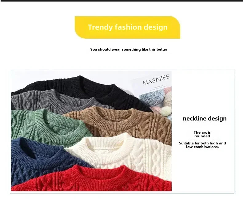 Trendy Knitted Sweater For Men Casual Round Neck Warm Inner Loose.