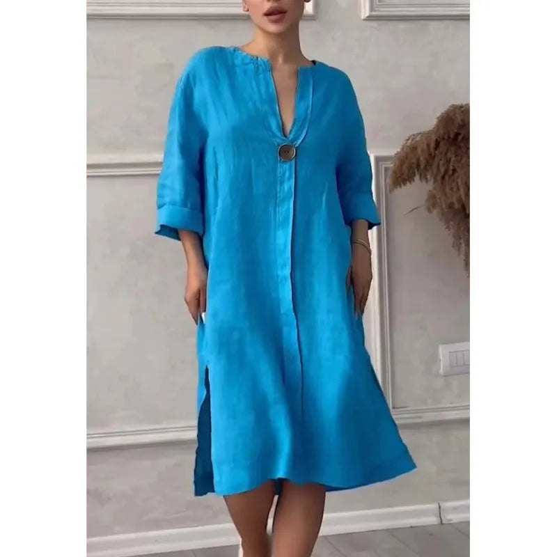 Elegant O-neck Long-sleeved Button Dress For Women's ./ MH