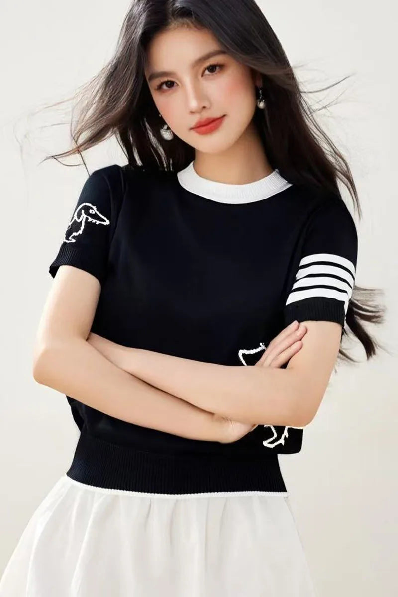 Summer wool women's round neck short sleeved pullover sweater soft  breathable high-quality sweater fashionable solid color top