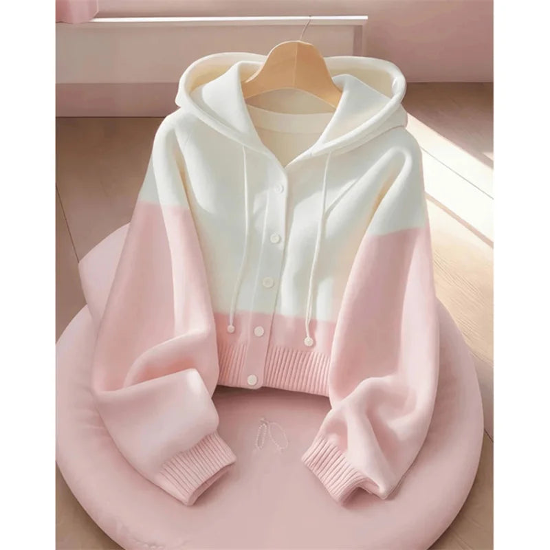 Women Spring Autumn Patchwork Knitted Cardigan Sweater 2025 New Korean Ladies Single Breasted Sweater Hooded Jacket Elegant Coat