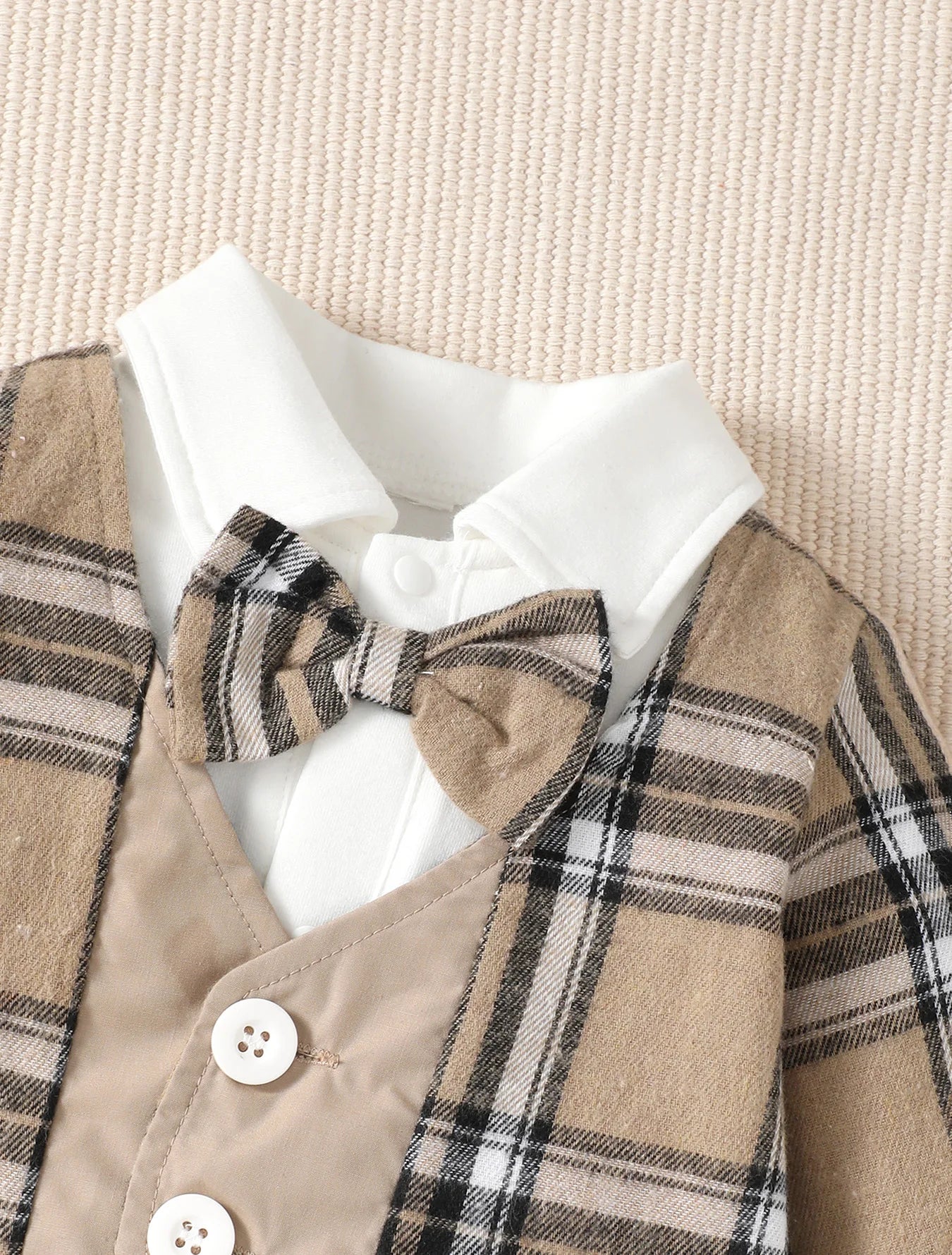 2Pcs Baby Boy Lapel Checkered Bodysuit+Hat Set .