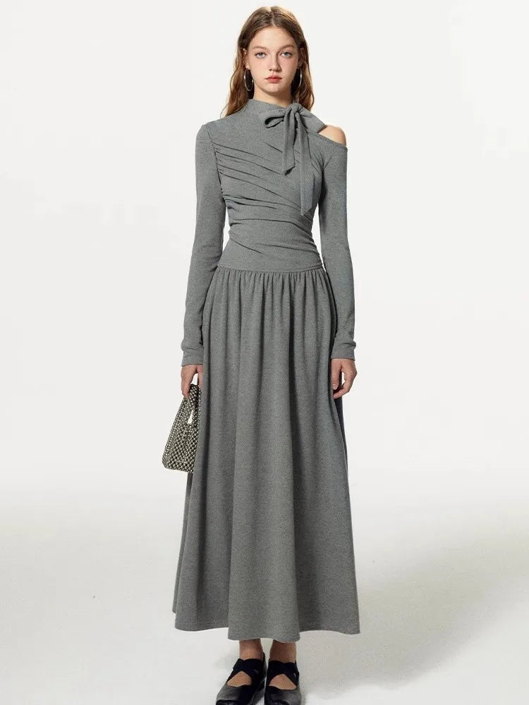 Grey Off Shoulder Pleated Dress For Women In Autumn And Winter, With A Unique Sense Of Luxury And A Slim Fit A-Line Dress
