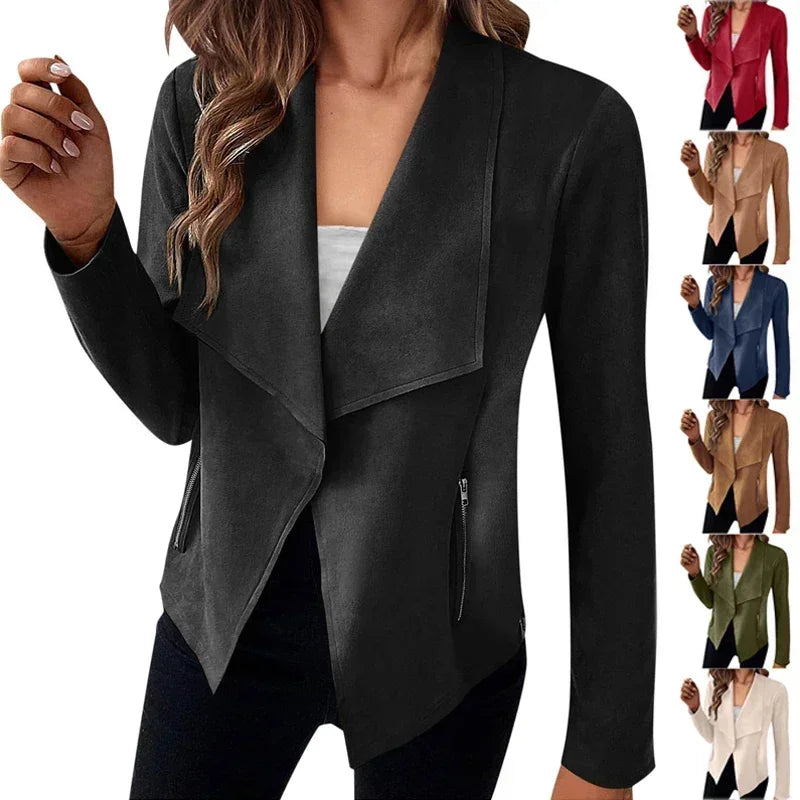 Women's Suit Jacket Solid Suede Lapel Zipper Pocket .
