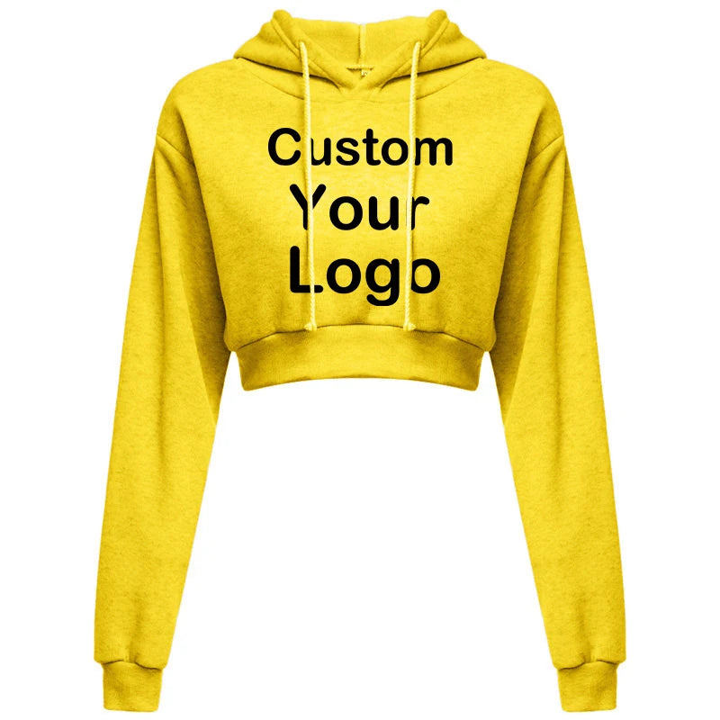 Customized Logo Print  Crop Hoodie Women Spring Autumn Pullovers Ladies Solid Color Drawstring Hooded Full Sleeve Sweatshirt