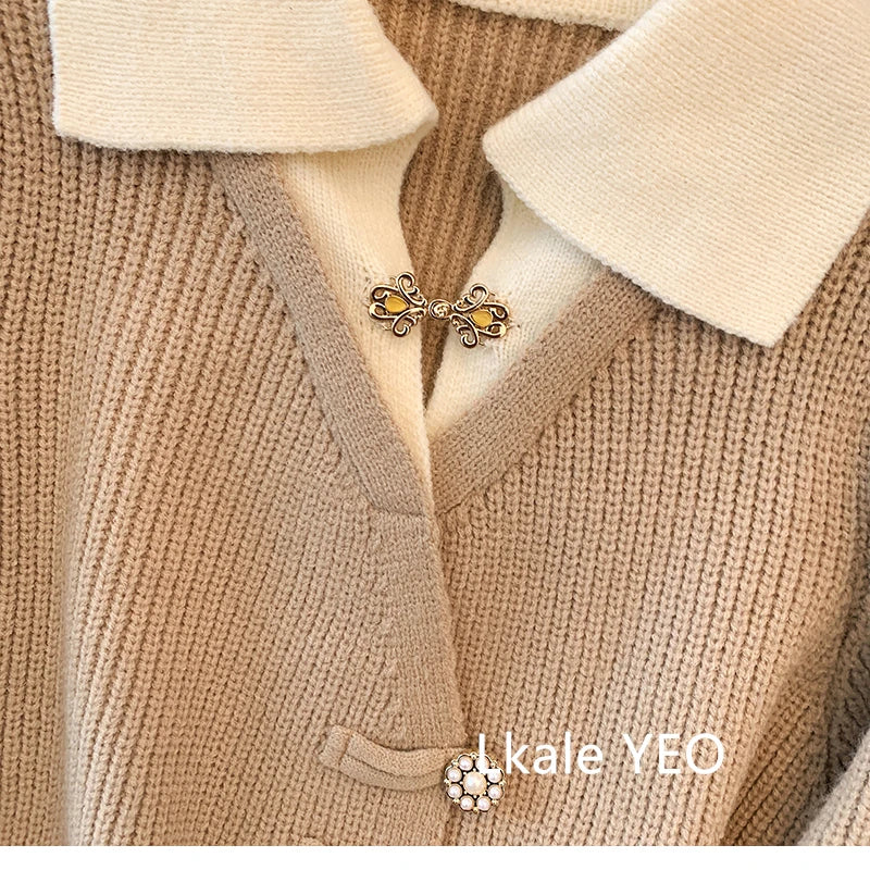 New 2025 Autumn Winter Design Splicing Slim Women Knitted Cardigan Sweater Jacket Fashion Fake Two Items Loose Ladies Top
