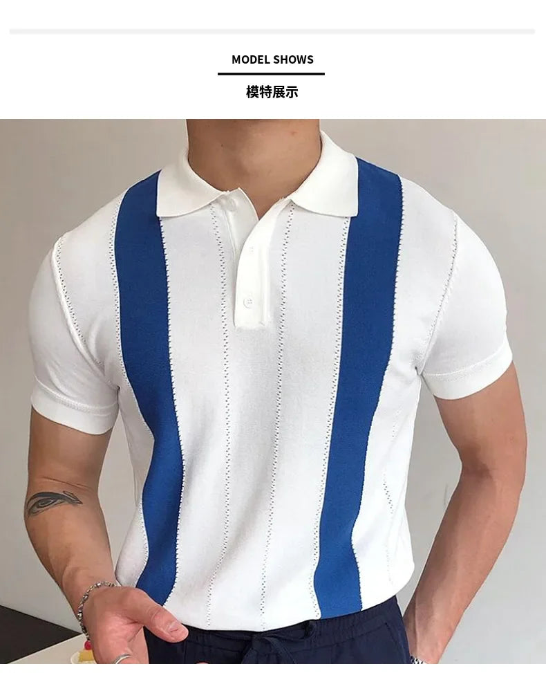 Men's Polo Shirts Vintage Striped Lightweight Knit Golf Shirts Classic Casual Short Sleeves Tops Male Business Social Shirt