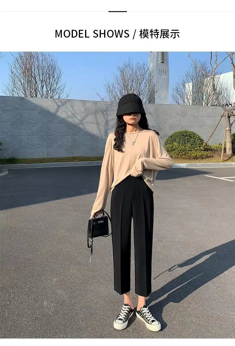 Fashion Office Pocket Black Loose Ankle-Length Pants Women New High Waist Korean Zipper Button All-match Lady Straight Trousers